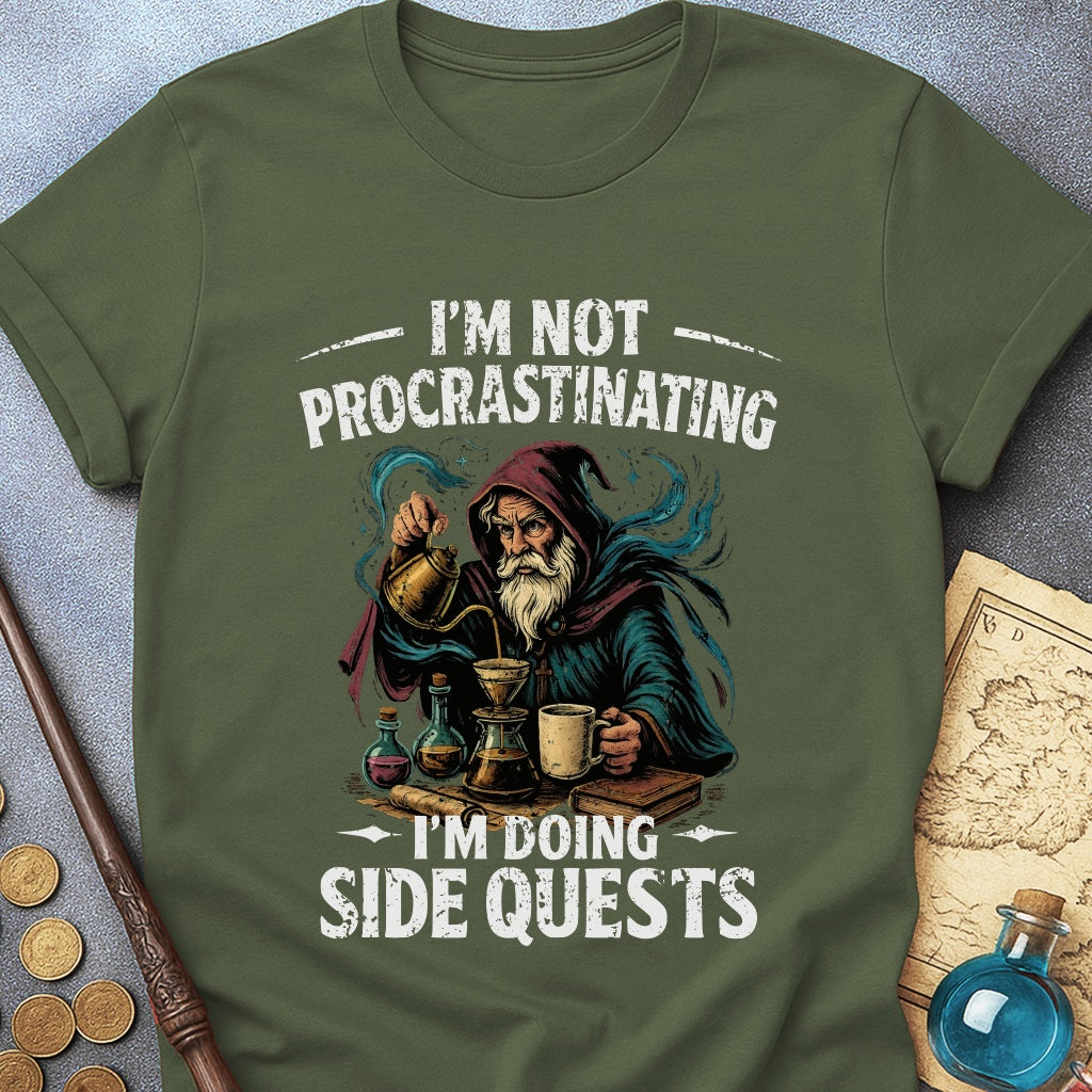 I'm Doing Side Quests Wizard Coffee T-Shirt (Intentional Distressed Look)