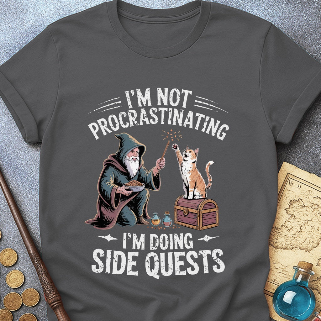 I'm Doing Side Quests Wizard Cat T-Shirt (Intentional Distressed Look)