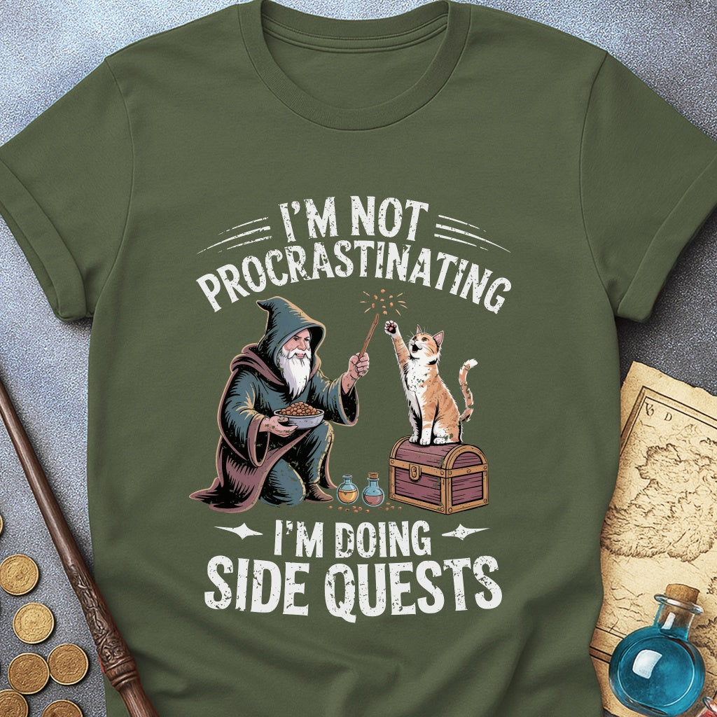 I'm Doing Side Quests Wizard Cat T-Shirt (Intentional Distressed Look)